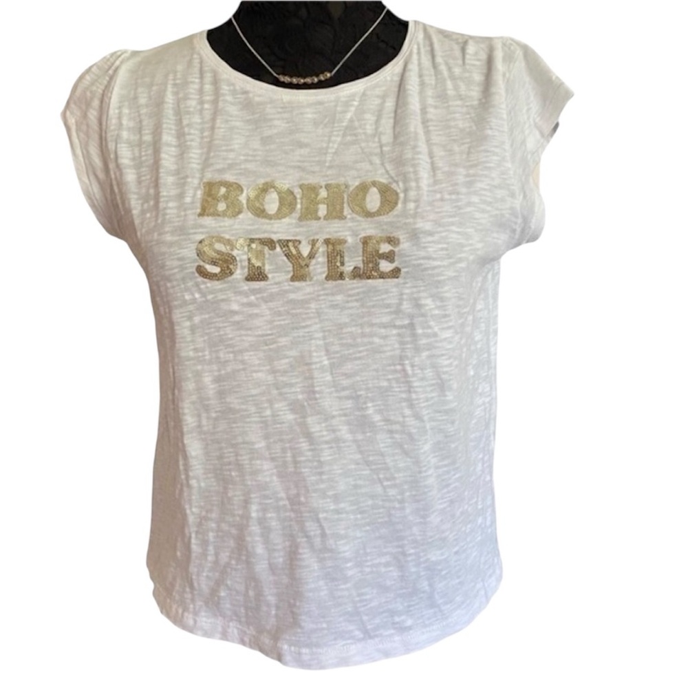 Anthropologie white cotton boxy cropped boho short sleeve Tee Shirt Medi…